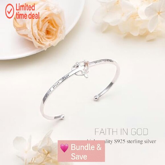 Sterling Silver Cross Cuff Bracelet Faith Over Fear Christian Jewelry - Picture 6 of 8